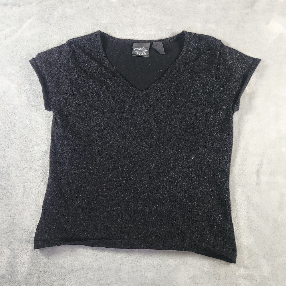 Christina Rotelli S Shimmery Black Short Sleeve Top S‎ V-Neck Whimsygoth  Y2K